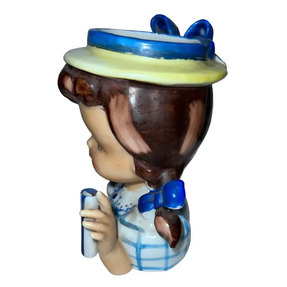 1950s Napco Head Vase Planter Girl with Pigtails & Blue Bows - Japan Vintage